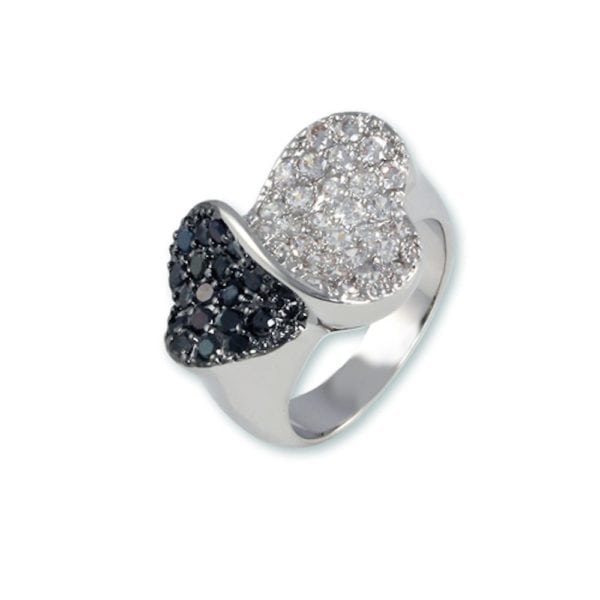 DOUBLE HEART SILVER RING WITH CLEAR CRYSTALS & BLACK CRYSTALS, SIZE-5 - Image 2