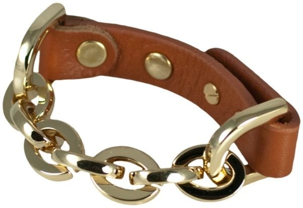 GOLD METALLIC LEATHER & 14kt GOLD PLATE CHAIN-DESIGNER INSPIRED BRACELET. - Image 3