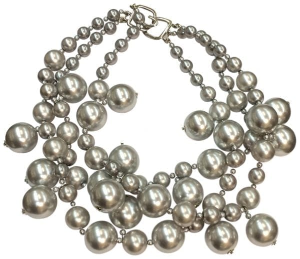 KENNETH JAY LANE-3 STRAND SILVER BEADS CLUSTER DROPS NECKLACE-18
