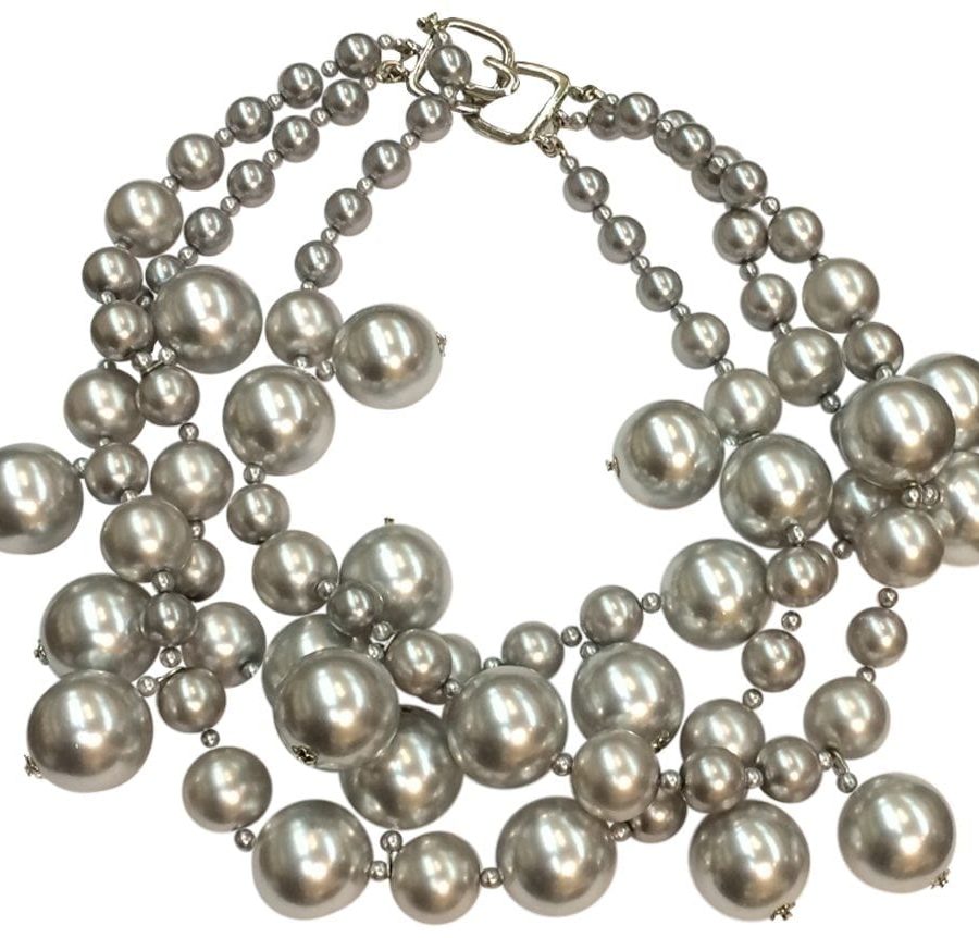KENNETH JAY LANE-3 STRAND SILVER BEADS CLUSTER DROPS NECKLACE-18