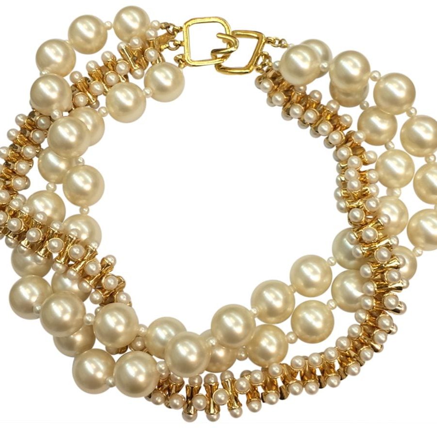 KENNETH JAY LANE-3 ROW PEARL NECKLACE-14KT GOLD PLATE-16-22 INCH