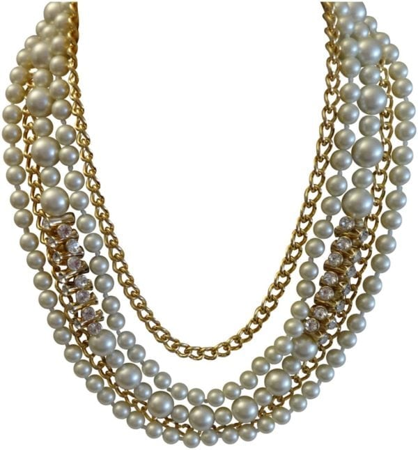 KENNETH JAY LANE-5 ROW PEARL &CRYSTAL HOURGLASS GOLD CHAIN NECKL