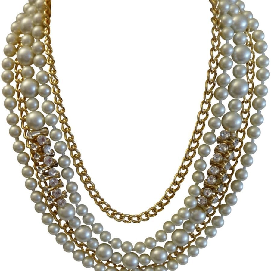 KENNETH JAY LANE-5 ROW PEARL &CRYSTAL HOURGLASS GOLD CHAIN NECKL
