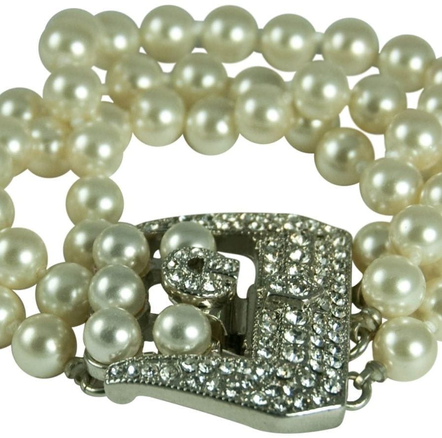 KENNETH JAY LANE-3 ROW PEARL BRACELET WITH PAVE CRYSTAL BUCKLE C