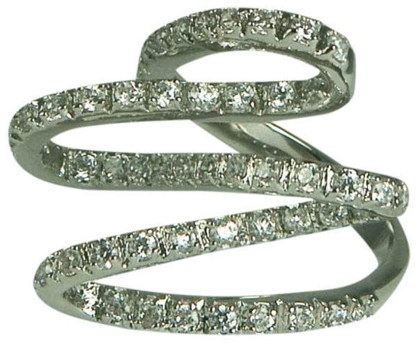 54 CZ'S-SQUIGGLE RING-STERLING SILVER PLATE- 1 INCH LONG-SIZE5,6