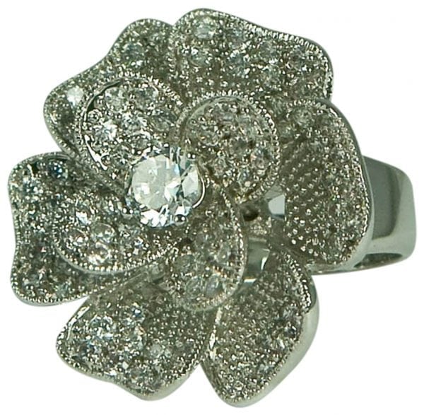 FLOWER-ALL CZ'S RING W/CZ-STERLING SILVER PLATE-1 1/4 INCH LONG-