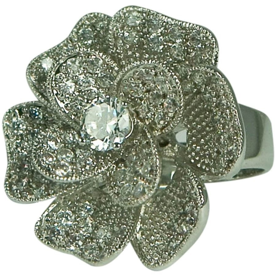 FLOWER-ALL CZ'S RING W/CZ-STERLING SILVER PLATE-1 1/4 INCH LONG-