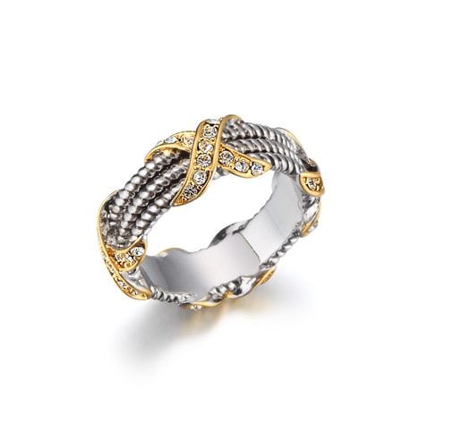 DESIGNER INSPIRED-PAVE CRYSTAL "X'" RING ALL AROUND SILVER CABLE