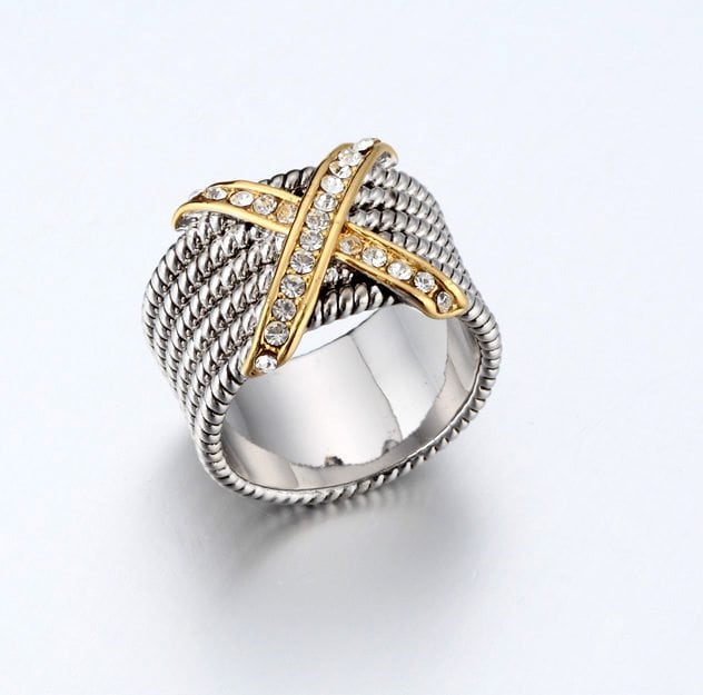 DESIGNER INSPIRED-PAVE CRYSTAL "X" RING SILVER CABLE