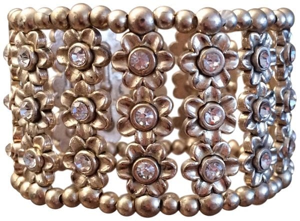 GOLD BEAD AND FLOWER STRETCH BRACELET WITH CZ ACCENTS-1.5 INCHES