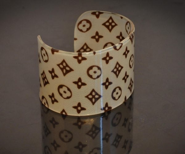 Designer Inspired Plastic Cuff-Ivory/Brown Print