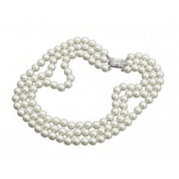 KENNETH JAY LANE-3 ROW-10MM CULTURED PEARL NECKLACE-SILVER DECO CLASP-18 INCHES-AKA JACKIE"O" NECKLACE-0