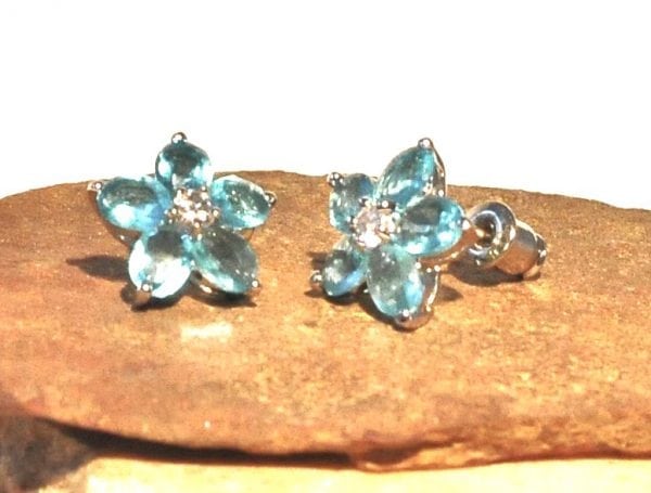 Blue Flower Stud Earring With A CZ Center-Sterling Silver