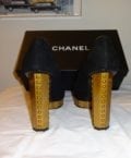 CHANEL-BLACK SUEDE & GOLD TRIM-41/2 INCH GOLD HEEL-SIZE-38.5-NEW