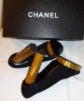 CHANEL-BLACK SUEDE & GOLD TRIM-41/2 INCH GOLD HEEL-SIZE-38.5-NEW