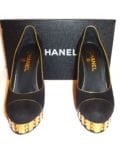 CHANEL-BLACK SUEDE & GOLD TRIM-41/2 INCH GOLD HEEL-SIZE-38.5-NEW IN BOX-8625
