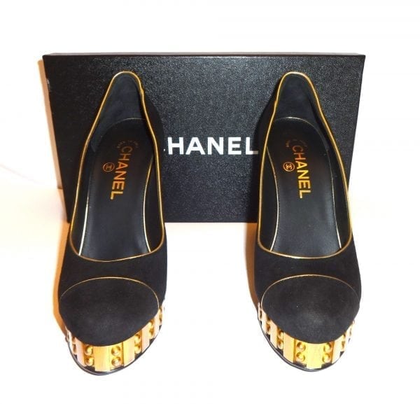 CHANEL-BLACK SUEDE & GOLD TRIM-41/2 INCH GOLD HEEL-SIZE-38.5-NEW IN BOX-0