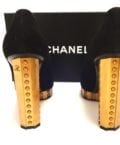 CHANEL-BLACK SUEDE & GOLD TRIM-41/2 INCH GOLD HEEL-SIZE-38.5-NEW IN BOX-8626