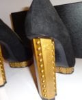 CHANEL-BLACK SUEDE & GOLD TRIM-41/2 INCH GOLD HEEL-SIZE-38.5-NEW IN BOX-8629