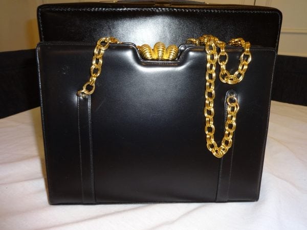 SAKS FIFTH AVE-BLACK LEATHER HANDBAG-GOLD CLOSURE AND CHAIN STRA