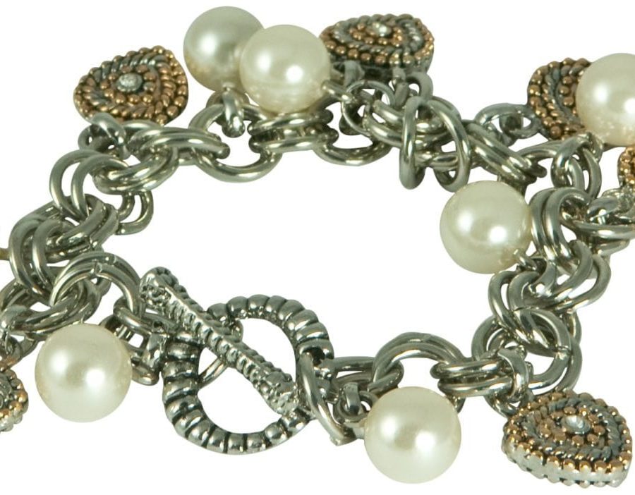 CHARM BRACELET-PEARL & HEARTS-TOGGLE CLOSURE-SILVER PLATE
