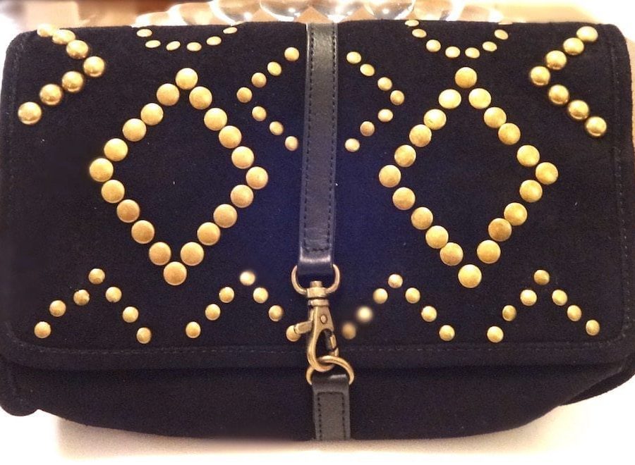 BLACK SUEDE CLUTCH WITH GOLD STUDS ACCENTS-TASSELS ACCENT-0