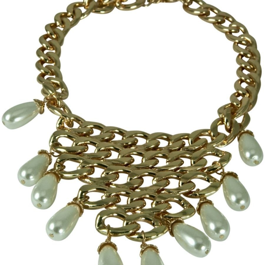 DESIGNER INSPIRED-GOLD CHAIN BIB NECKLACE WITH PEARL ACCENTS-17-