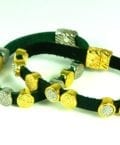 BLACK LEATHER BRACELET W/MOVEABLE 2 TONE&CRY-MAGNETIC CLOSE