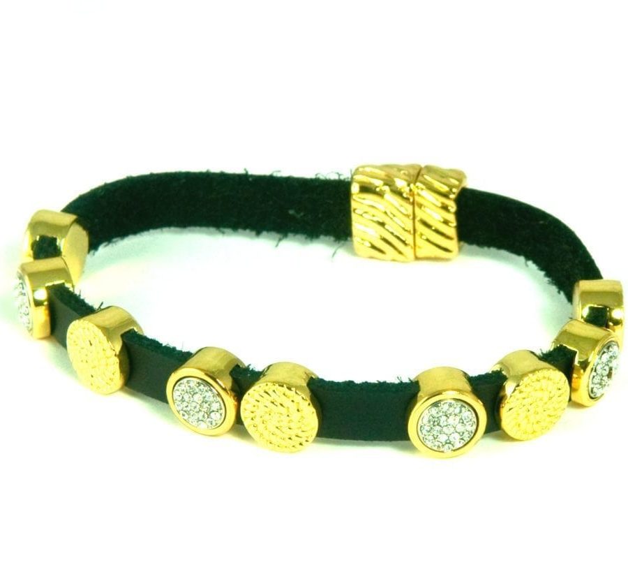 BLACK LEATHER BRACELET W/MOVEABLE 2 TONE&CRY-MAGNETIC CLOSE