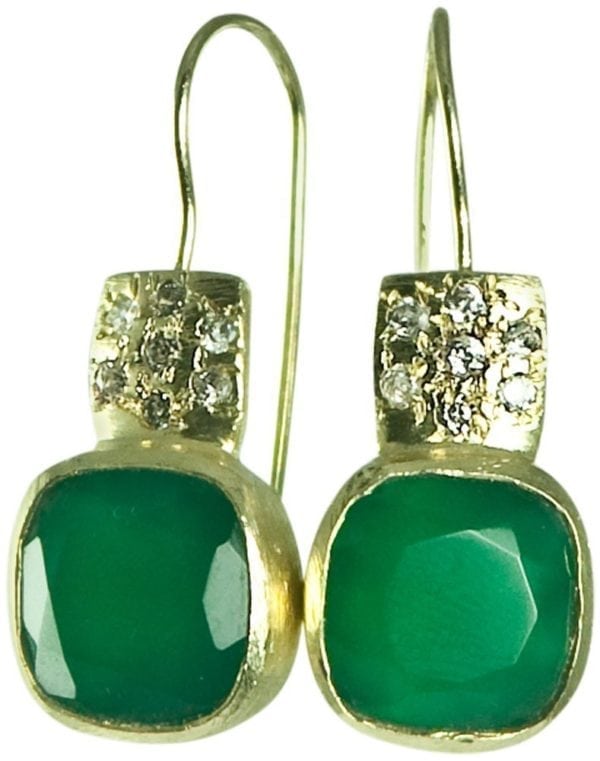 BETTY CARRE-18KT GOLD PLATE EARRING WITH GREEN ONYX STONE. PAVE CRYSTAL ACCENTS-0