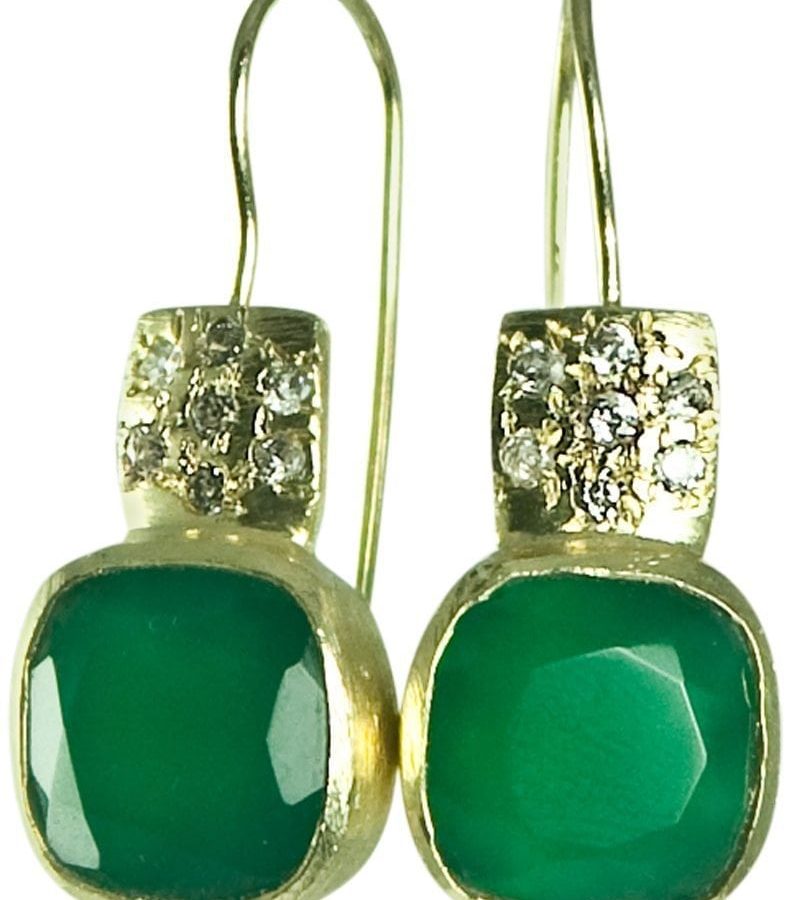 BETTY CARRE-18KT GOLD PLATE EARRING WITH GREEN ONYX STONE. PAVE CRYSTAL ACCENTS-0