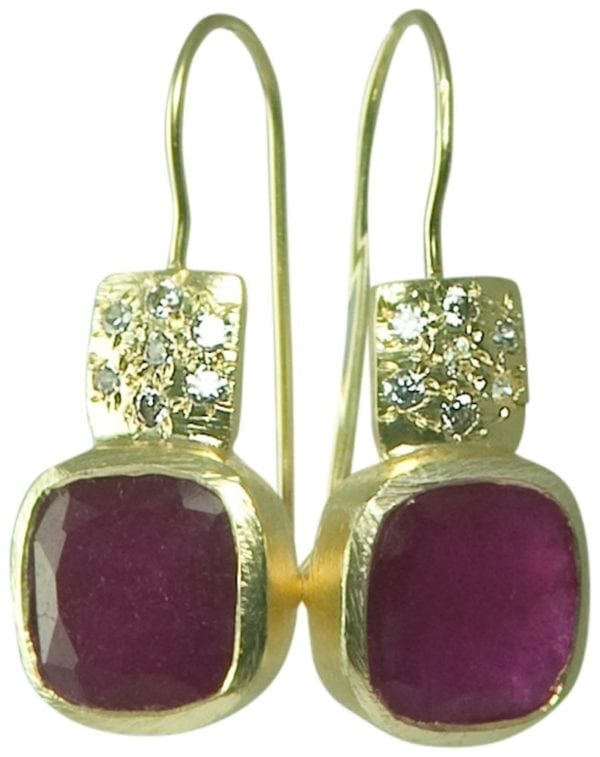 BETTY CARRE-18KT GOLD PLATE EARRING WITH RUBY QUARTZ STONE. PAVE CRYSTAL ACCENTS-0