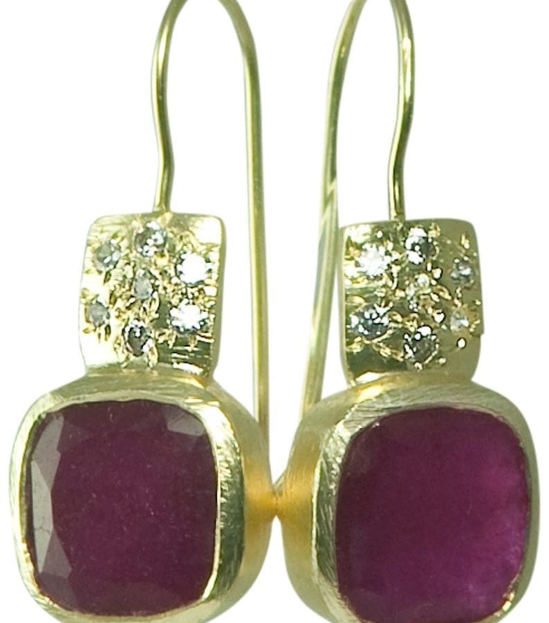BETTY CARRE-18KT GOLD PLATE EARRING WITH RUBY QUARTZ STONE. PAVE CRYSTAL ACCENTS-0