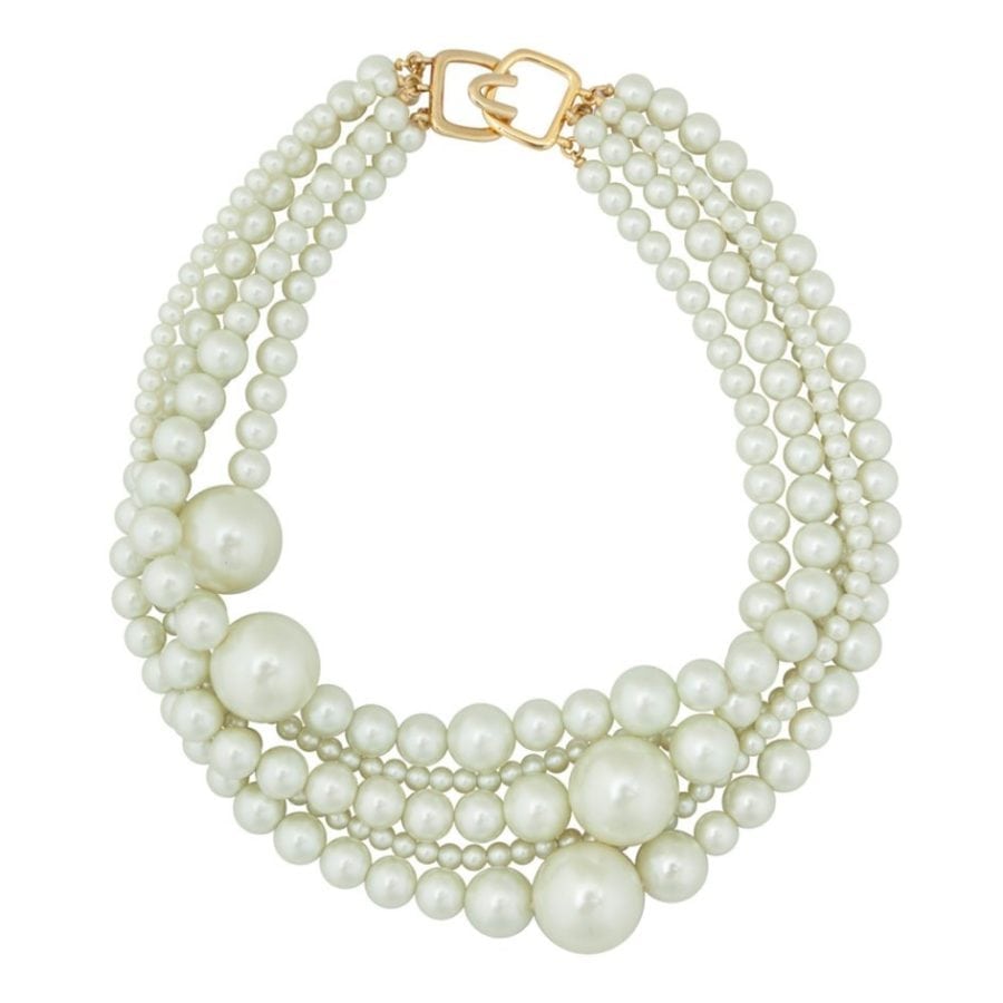 KENNETH JAY LANE-5 ROW BEAD MULTI SIZE BEAD NECKLACE-GOLD, SILVER OR PEARL-8304