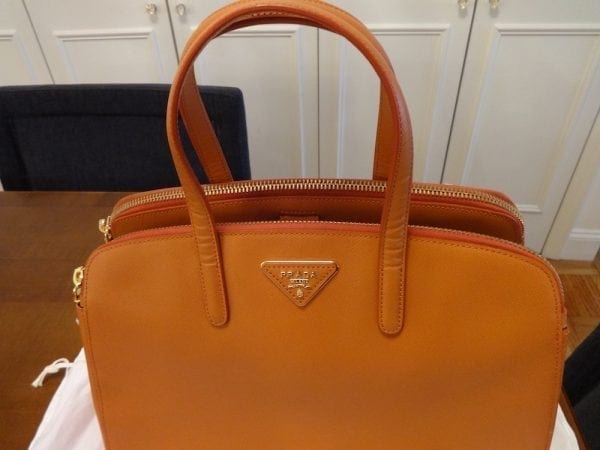 PRADA-DOUBLE ZIPPER HANDBAG-SOFT LEATHER-COLOR-PAPAYA-SOLD OUT COLOR-NWTGS-8123