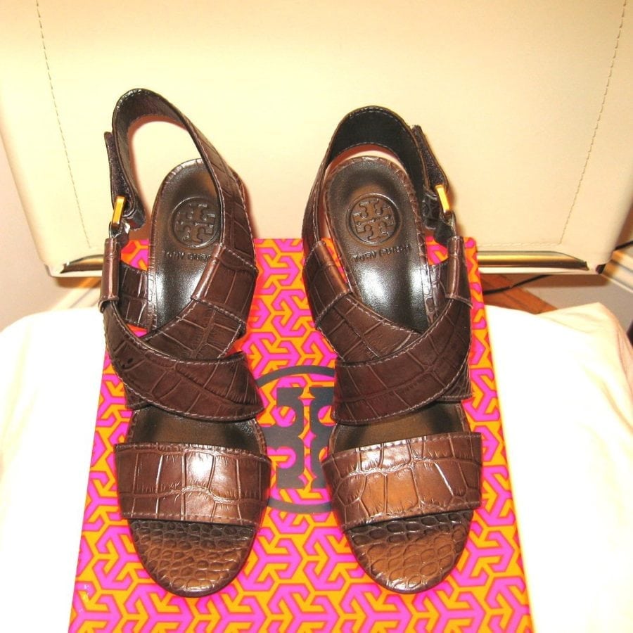 TORY BURCH-DARK BROWN LEATHER EMBOSSED CROCO WEDGE PUMP-SIZE-8-E