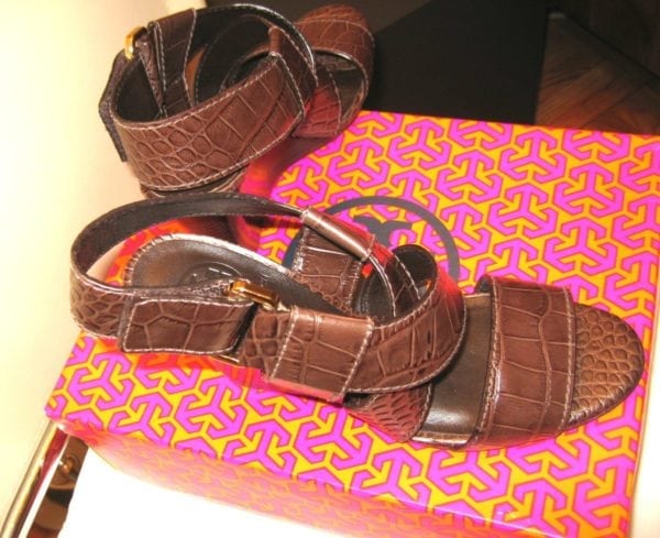 TORY BURCH-DARK BROWN LEATHER EMBOSSED CROCO WEDGE PUMP-SIZE-8-E