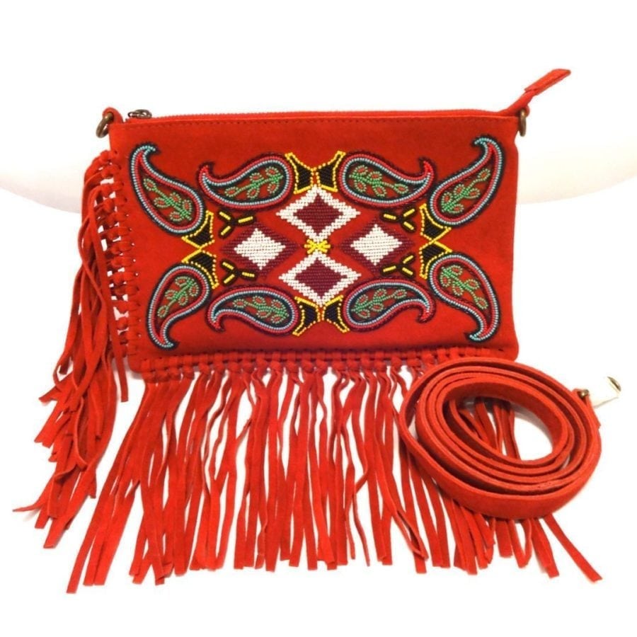 SUEDE FRINGE CLUCH/CROSS BODY HANDBAG-RED OR TAN-0