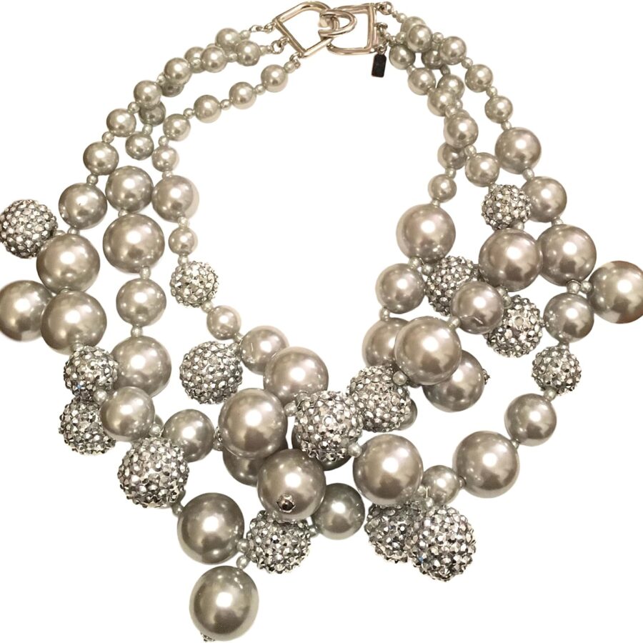KENNETH JAY LANE-3 STRAND GRAY PEARL/CRYSTAL CLUSTER NECKLACE