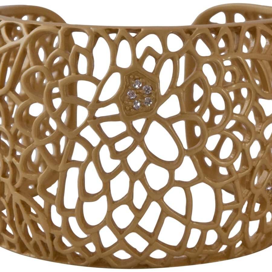 SATIN GOLD CUFF BRACELET WITH OPEN ABSTRACT DESIGN