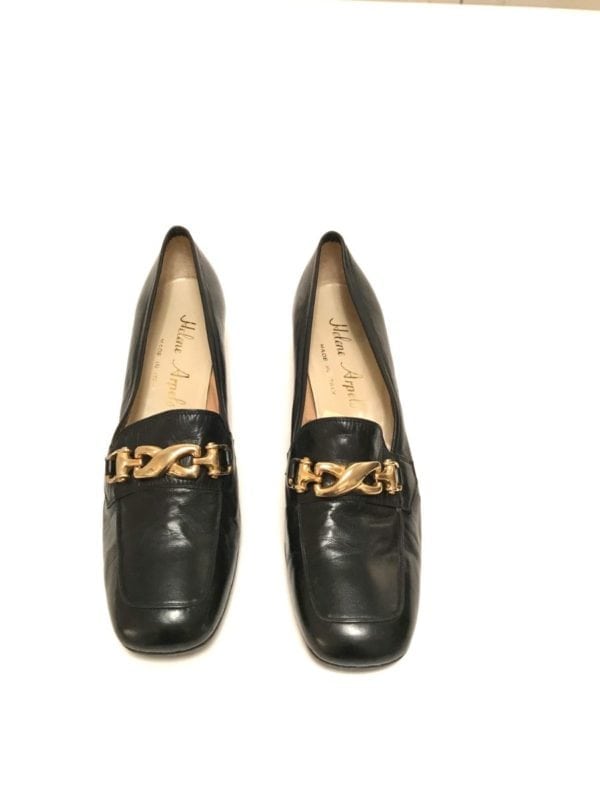 HELENE ARPELS (AS IN VAN CLEEF ARPELS) BLACK LEATHER SHOES W/GOLD CHAIN ...