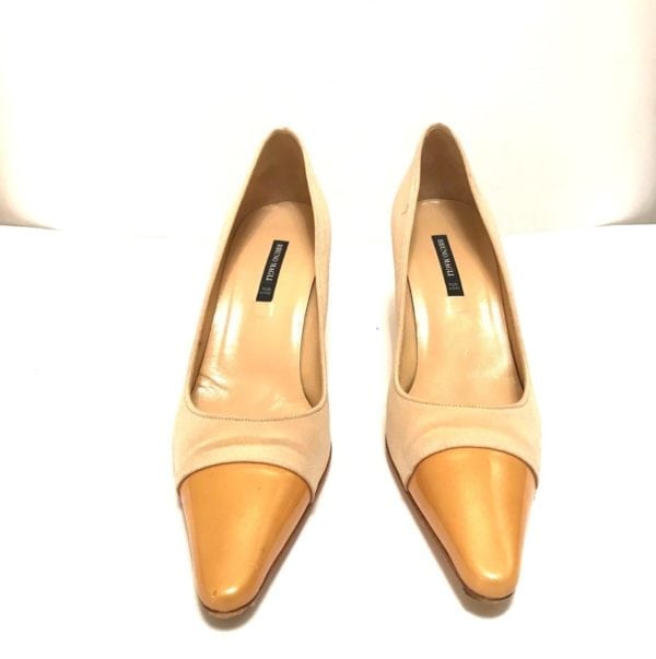 BRUNO MAGLI-VINTAGE BEIGE SILK & PATENT LEATHER TIP-CLASSIC PUMP-SIZE-9-EXCELLENT-VINTAGE - Image 5