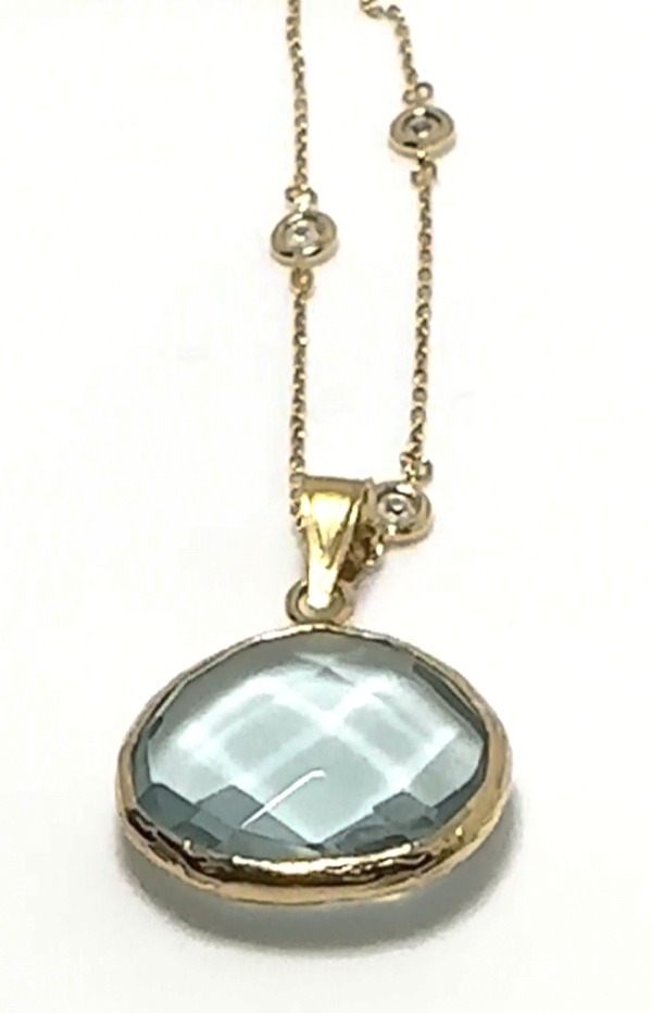 2PCS-LIGHT BLUE CRYSTAL QUARTZ OVAL PENDANT NECKLACE-VERMEIL (.925 BASE)/14KT GOLD