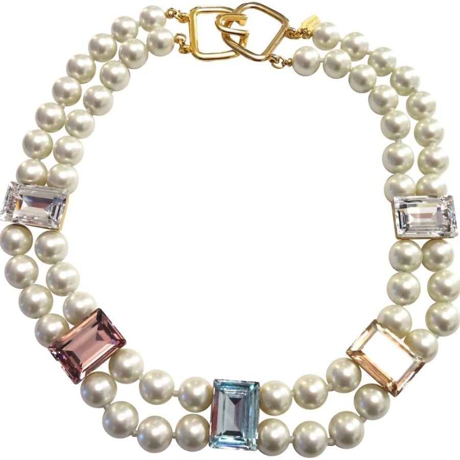 KENNETH JAY LANE - 2 ROW PEARL NECKLACE WITH PASTEL CRYSTAL ACCENTS-0