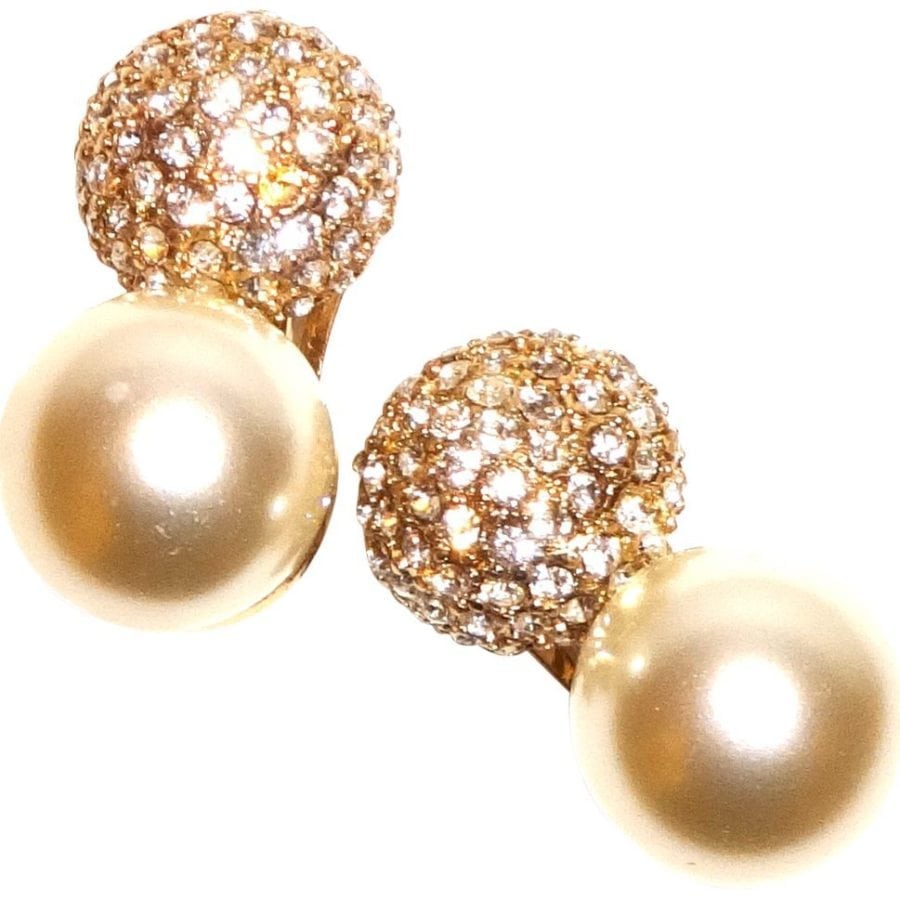 KENNETH JAY LANE - PAVE CRYSTAL AND PEARL CLIP EARRINGS-GOLD OR SILVER-8776