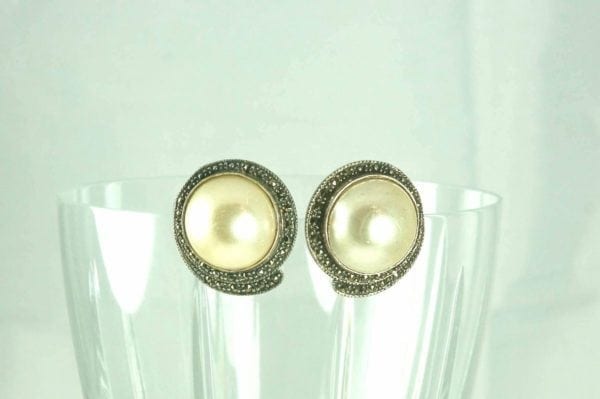 PEARL (GLASS) STUD MARCASITE SWIRL STERLING (.925) SILVER EARRING-LAST ONE!! - Image 2