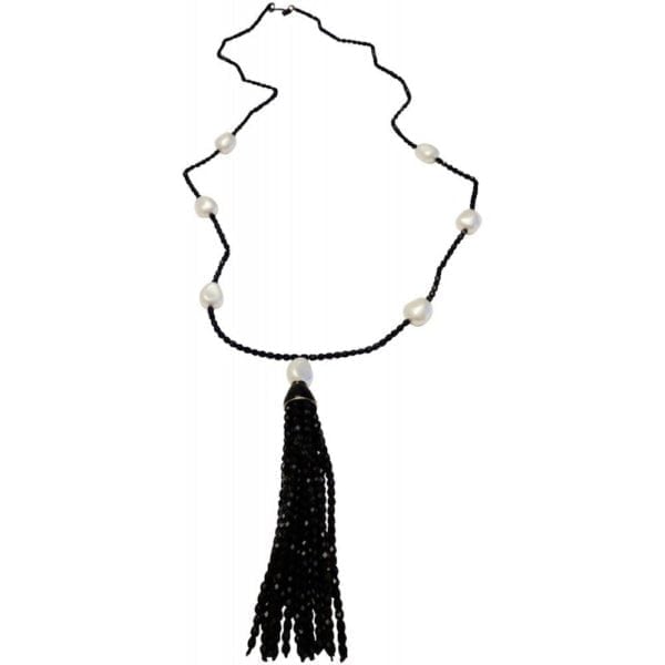 KENNETH JAY LANE-JET BEAD & FRESH WATER PEARLS STATIONS TASSEL NECKLACE - Image 2