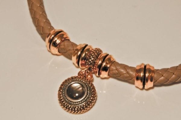 2PCS-WOVEN BEIGE LEATHER NECKLACE WITH GOLD ACCENTS & ROUND ATTACHMENT - Image 2