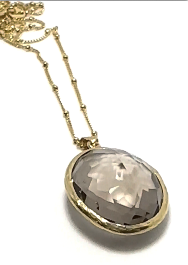 2PCS-LIGHT BROWN QUARTZ CRYSTAL PENDANT WITH GOLD BALL CHAIN NECKLACE-VERMEIL (.925 BASE)/14KT GOLD