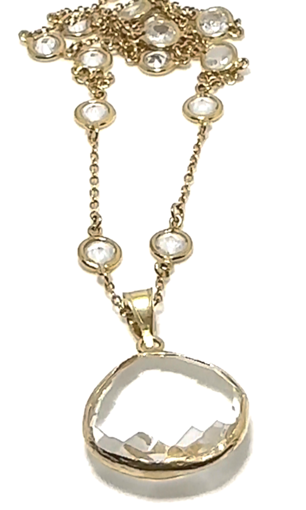 2PCS-CLEAR CRYSTAL QUARTZ CRY PENDANT W/ CZ 1/4" CHAIN, VERMEIL (.925 BASE)/14KT GOLD